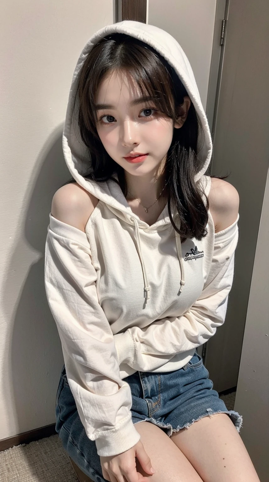 girl, Slim and beautiful body, 二重まぶた, 詳細な目, The face is very detailed, hoody, oversize clothes, Best quality at best, Until I see the legs, sitted, Brown hair, , hooded, Casual, Not out of breath, Masterpiece 1.3, 8K, Fingers tucked into sleeves, Off-the-shoulder style, Moe Sleeves, upper legs_the gap