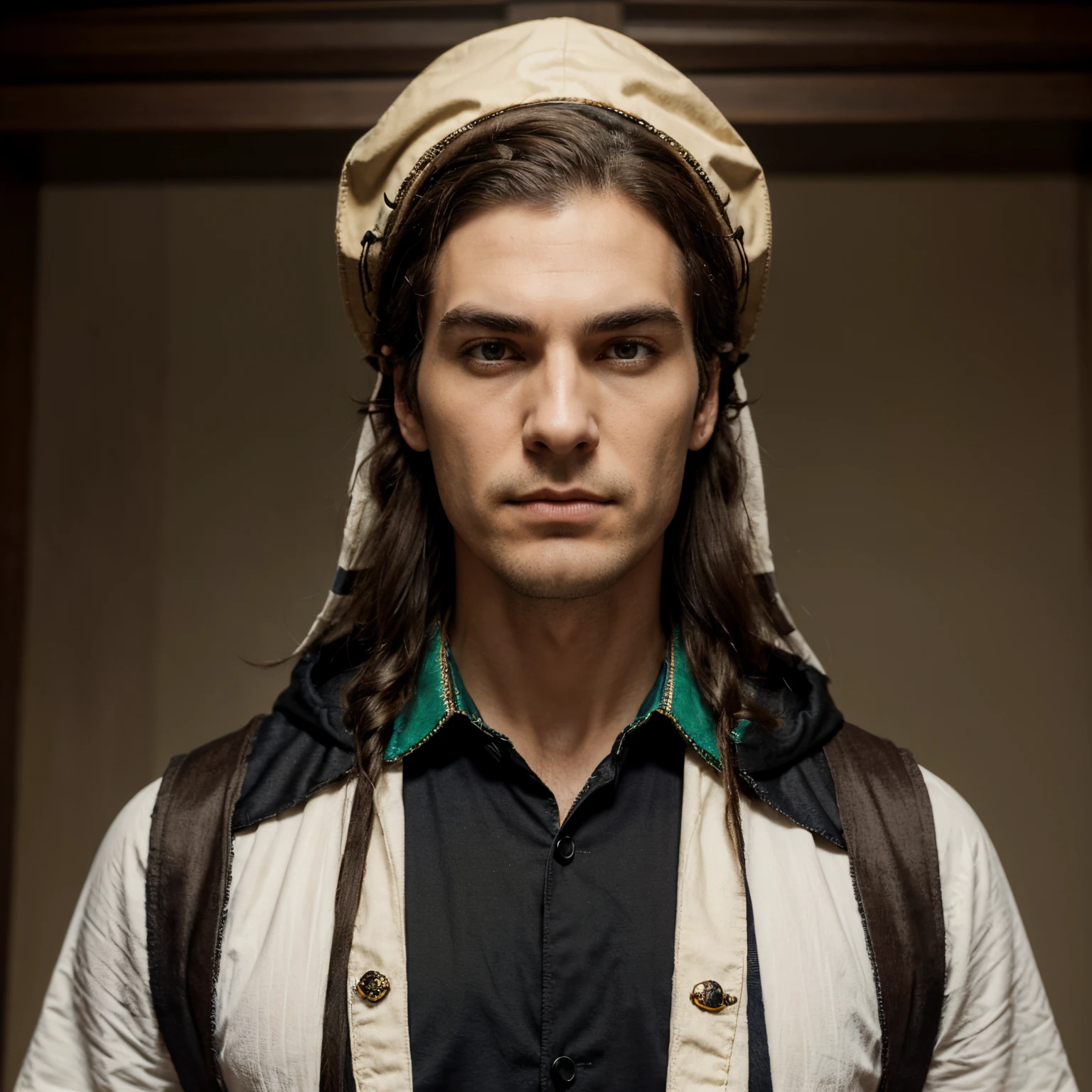 tall man with a long, square shaped face, hollow eyes under prominent eyebrows, dark sideburns that go all the way down to his chin, and greenish long wavy hair. On his head, he wears a yellow and brown striped bandanna and over it is a tricorn captain's hat with what appears to be his Jolly Roger on it, a white skull wearing an animal-like hood. He also wears a dark blue, open shirt with the sleeves rolled up and a ruffled collar, and elaborate earrings made up by three little jewels each on both ears.