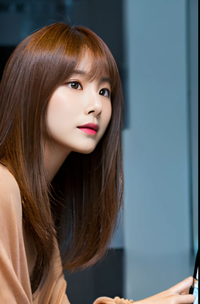((Top Quality、16K、masterpiece:1.3))、a tall and beautiful woman、Perfect Figure:1.4、retro futuristic aesthetic, young girl (charming) solo, pale-brown hair (60s hairstyle), realistic hair, realistic eyes, pale-white skin (highlighted, realistic shading)、huge bust、Highly detailed facial and skin texture、(A detailed eye, Symmetry Eyes, Clear realistic eyes, Double eyelidd、Cold-stricken face、Symmetrical face), very realistic skin, goth makeup, Royal sisters full of fans、The Telegraph Esbian、peach buttocks, white women's shirt, alternative skirt, black tights, squart、(Raw foto:1.2)、((Photorealcitic:1.4))Top Quality、masterpiece、Real Photography、very delicate and beautiful.、super detailed CG、Unity、8K photo wallpaper、delicate detail、best qualtiy、Highly detailed CG unity 16k wallpaper、absurderes、Incredibly Absurd、huge file size、extremely highly detailed、Hight Resolution、ighly Details、Beautiful detail girl、extremely beautiful eyes and face, cute eyes look、Facial light、cinematic lightings、(Proportional hips, thick thighs, beautiful legs, realistic pantyhose) 1girll、see -through, inside a futuristic house (neon, magenta and pastel cyan lights) 、ulzzang-6500、The Telegraph Esbian, different poses at different angles,