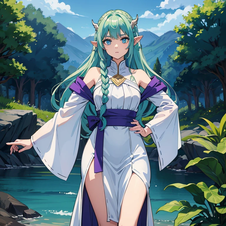 ( detailed face) mermaid Single female with legs. Fish fin ears(Dark green) wavy hair( braided ). Standing up (facing forward).  Blue eyes. White purple clothes. Shell hair ornaments