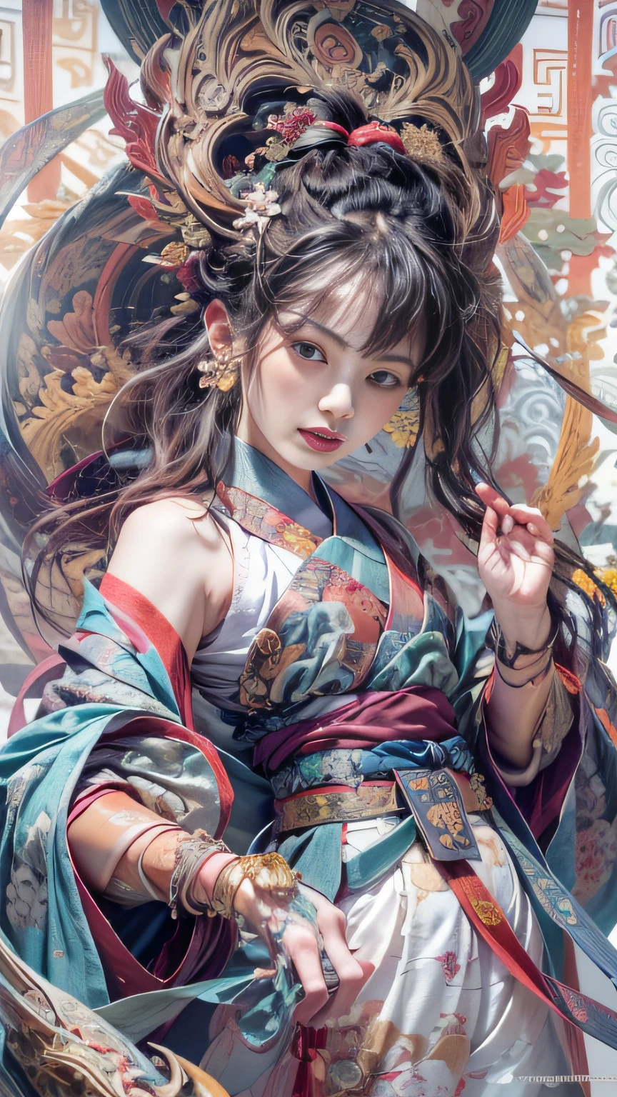 Official Art, Unified 8K Wallpapers, Ultra Detailed, Beautiful and Aesthetic, Masterpiece, Best Quality, (Zentangle, Tangle, Entangle), (fractal art: 1.4), (character center: 1.3), 1girl, black hair, Chinese, off-the-shoulders, short skirt, calf, navel, very detailed, dynamic angle, cowboyshot, (most beautiful form of chaos), ethereal, (bright colors), oc, (half: 1.2), china, (thangka flying sky: 1.5), (ribbon: 1.3), (dream: 1.5), (hanfu: 1.5), Chinese dragon, Chinese phoenix, (smile: 0.5), ( Chinese deities),