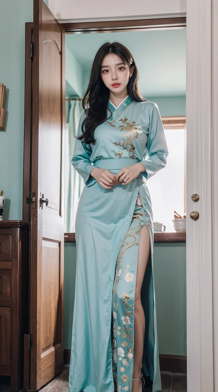 A woman in oriental clothing stands in a room with decorations,long  skirt,Fulll body Shot，in a panoramic view， Light sky blue and light emerald style, Cute and dreamy,light beige and, retro academia, elegant clothing, white and emerald green, Light white and light emerald style, light sky blue and light gold, retro academia, chinapunk, embroidery, Loose and fluid style, Luminous quality, Influenced by ancient Chinese art, Colorful clotheest quality at best,4K,8K,A high resolution,tmasterpiece:1.2),ultra - detailed,(actual,realistically,realistically:1.37),(8K, RAW photos, Best quality, tmasterpiece:1.2), (realistically, actual:1.4), (200mm Sigma f/1.2 ZEISS lenses, f1.2, 1/Has a history of more than 200 years, ISO 100, photography:1.4), (profesional lighting, 电影灯光, gentlesoftlighting, bright:1.2),Exquisite, ultra - detailed, The beautiful, Extremely detailed eyes and face