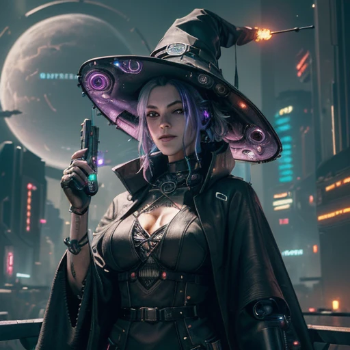 (a Sci-Fi Cyberpunk witch:1.4) in witch hat and robe, Steampunk Clock tower, ultra-wide-angle, octane render, enhance, intricate, (best quality, masterpiece, Representative work, official art, Professional, unity 8k wallpaper:1.3)