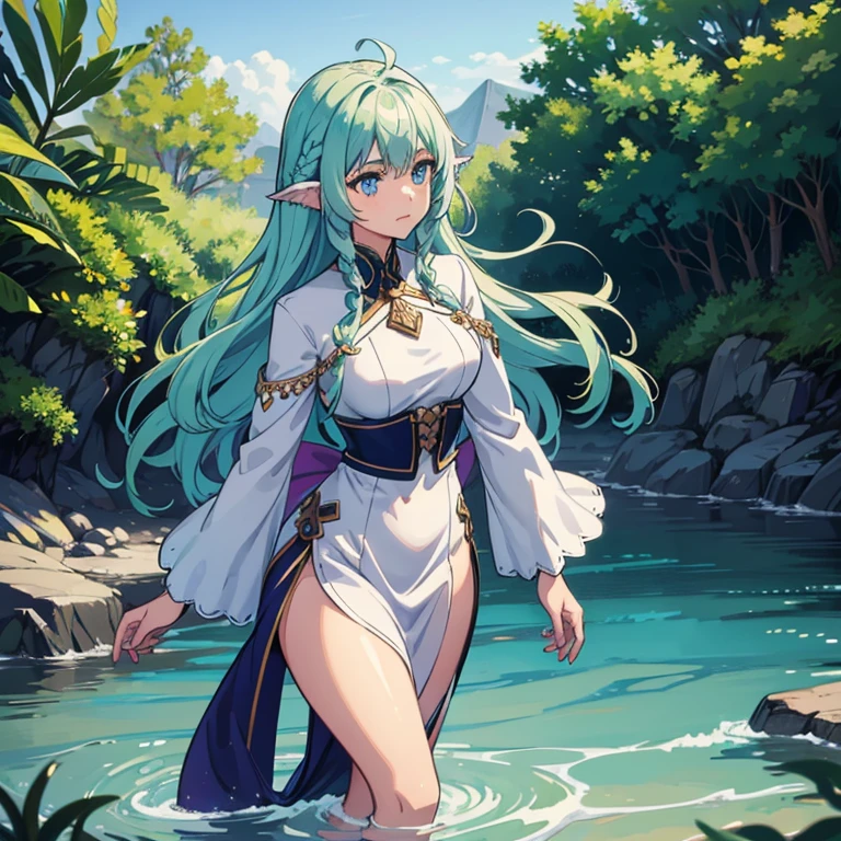 ( detailed face) mermaid Single female with legs. Fish fin ears(Dark green) wavy hair( braided ). Standing up (facing forward). Blue eyes. White purple clothes. Shell hair ornaments