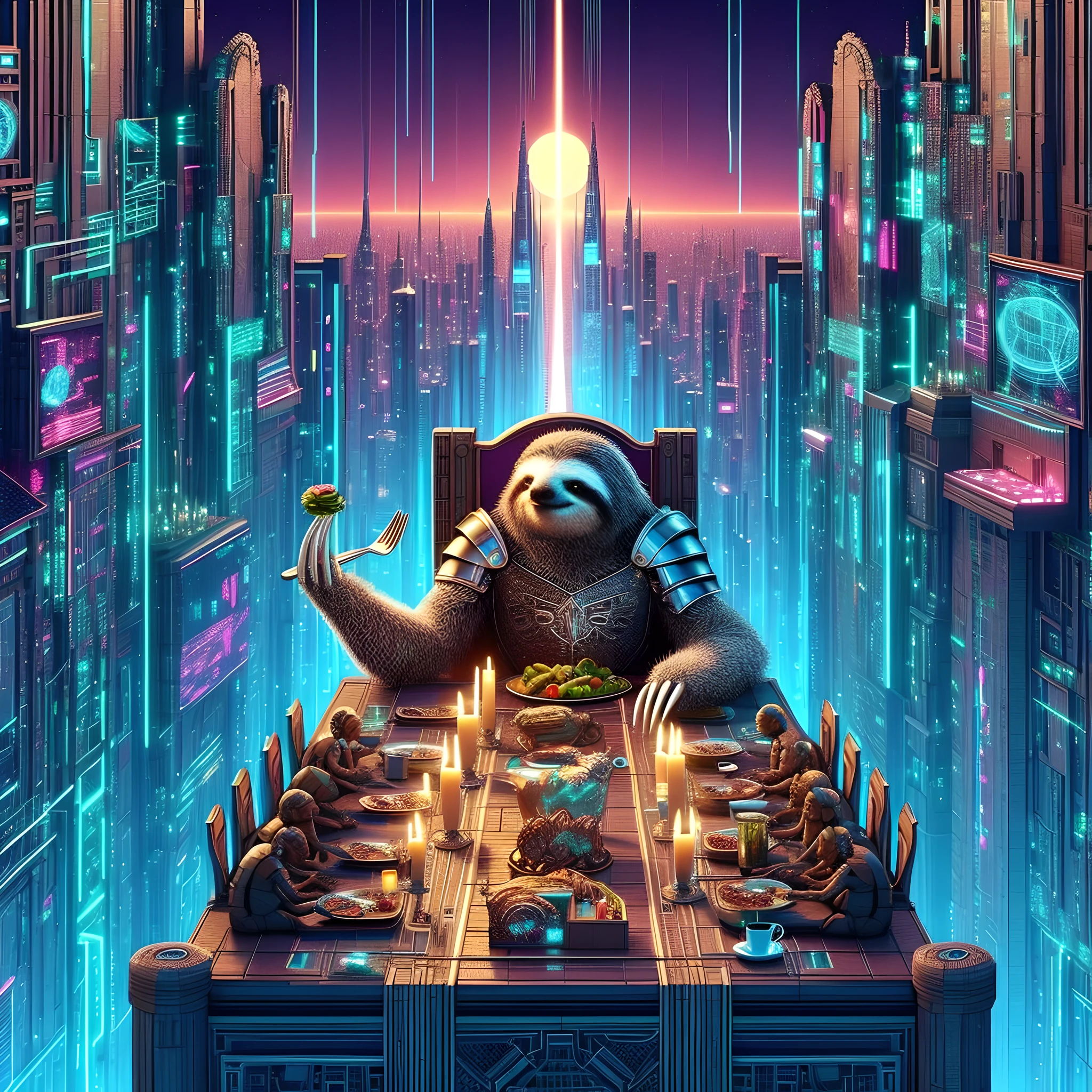 create a medieval sci-fi fusion(8k masterpiece, best quality:1.2) of an intergalactic sloth knight in armour, sitting at the head of a banqueting table, on 78th floor of a stacked neon cybercity  skyscraper, isometric, luminescent circuitry, digital and old worlds fuse together