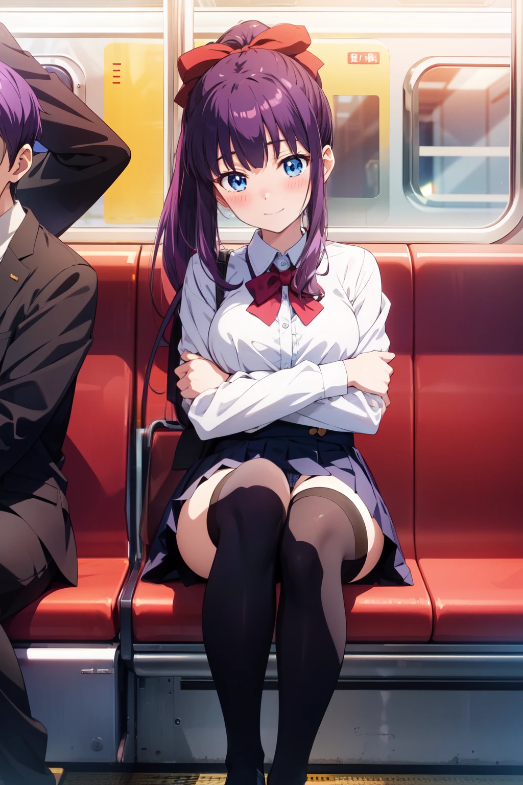 absurdres, highres, (official art, beautiful), ultra detail, takimoto hifumi, long hair, sit on train seats, (bend knees, pantyshot), cameltoe, The man sitting next to me hugs her shoulders, blue eyes, ponytail, purple hair, hair bow, skirt, shirt, thighhighs, blush, (smile:0.7), luminescence, effects