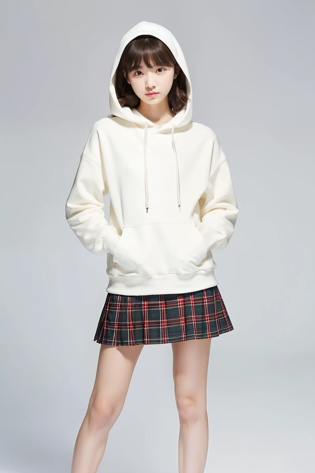 (masterpiece), (best quality), perfect body, perfect face, 1girl, white hoodie, checked skirt, bare legs, stand, posing