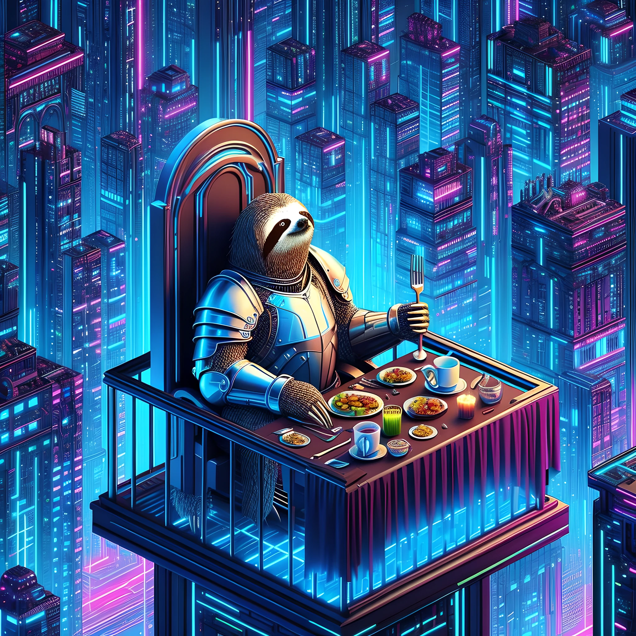 create a medieval sci-fi fusion(8k masterpiece, best quality:1.2) of an intergalactic sloth knight in armour, sitting at the head of a banqueting table, on 78th floor of a stacked neon cybercity  skyscraper, isometric, luminescent circuitry, digital and old worlds fuse together