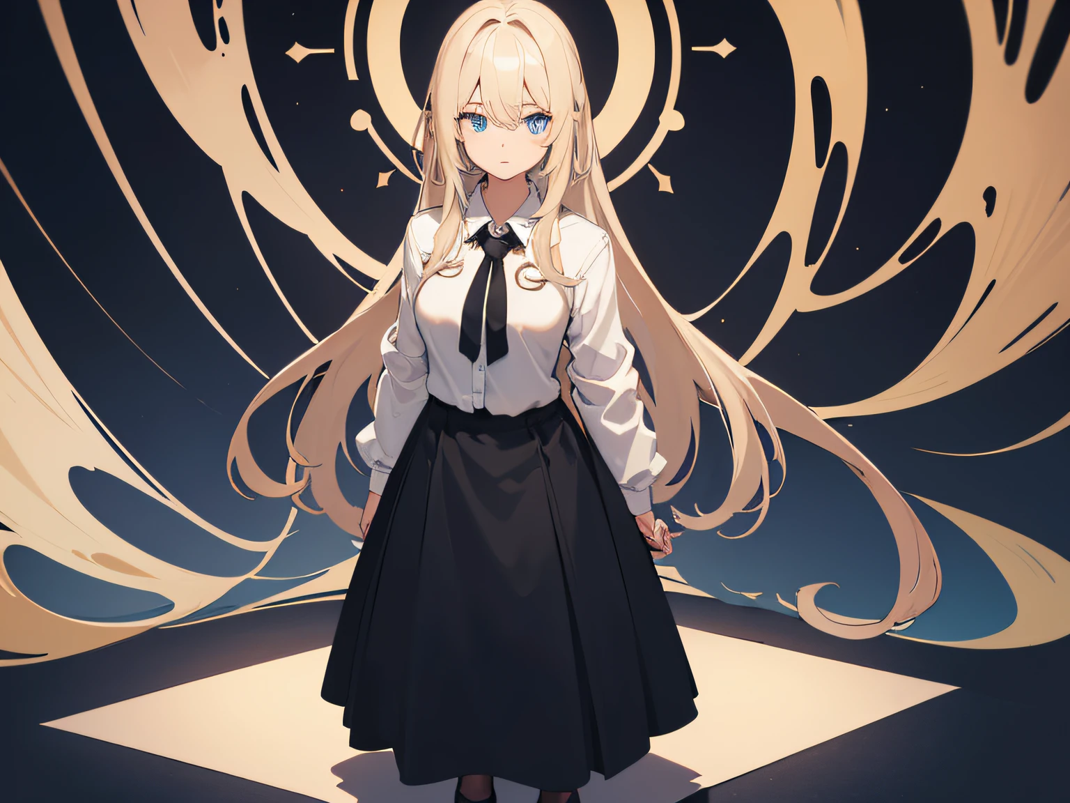 masutepiece, hight resolution, extra detailed face, ((1 girl)), Black and beige ((striated hair)),highlights hair,((Blue eyes)),(Empty eyes),Long hair, white t-shirts,Black cardigan,Long skirt,Large breasts, Standing,White background, (Solo),Full body