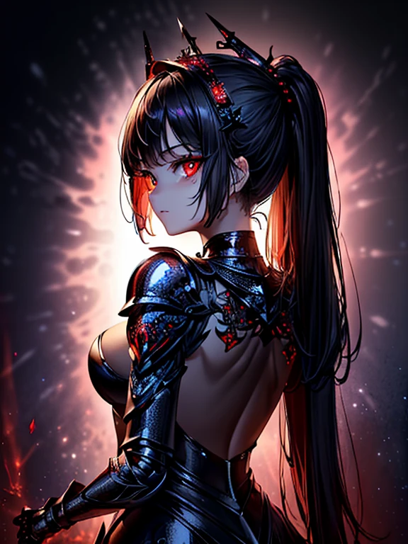 ((masterpiece、top-quality:1.5、a high chroma:1.5、ultra-detailliert、high-resolution illustrations:1.5、Ultra-high-definition CG、8k size wallpaper、offcial art))、((s fractal art:1.5))、(highly colorful:1.5),(from behind:1.8),(1girl),(Cute s:1.5)(Shining red eyes:1.5),(Beautiful face:1.5,Beautiful eyes:1.5)、(close to viewer:1.5),
(clear face:1.3)、(sexy body),((Detailed dark fantasy armor dress:1.5)),((intricate detailes,detailed dress)), (Beautiful dress in every detail),(large breasts:1.5),(Shining red eyes:1.2),(upper body:1.5)、(metal shine:1.5),Dark Fantasy,云、colourfull