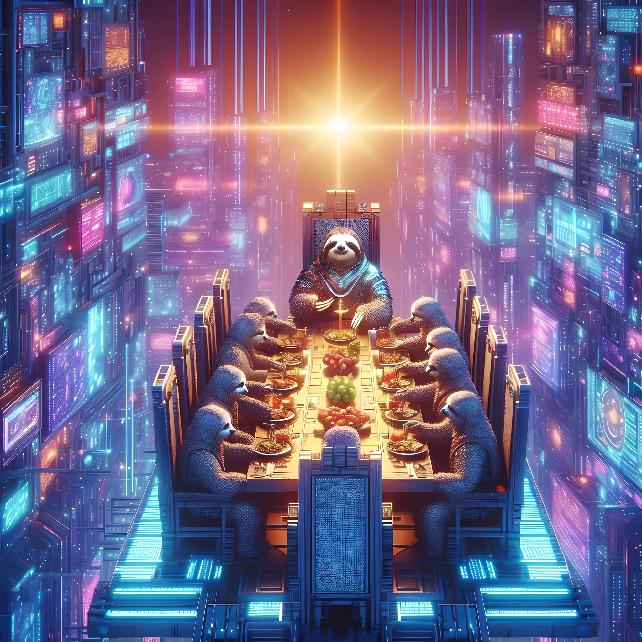 create a medieval sci-fi fusion(8k masterpiece, best quality:1.2) of an intergalactic sloth knight in chainmail and armour, sitting at the head of a banqueting table, on 78th floor of a stacked neon cybercity skyscraper, isometric, luminescent circuitry, digital and old worlds fuse together