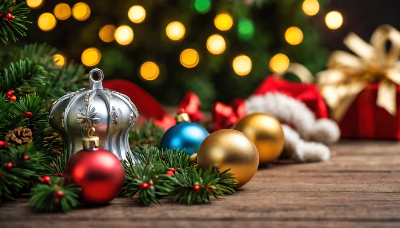 Breathtaking cinematic photo of a real Hyperrealistic christmas still life, ((close-up photo)), small Christmas bells decorated with ((((mistletoe))) and pine with golden Christmas tree balls, in the background multicolored led lights in (red, blue, green, yellow)colors, bokeh, soft blur, extremely high-resolution details, photorealism, realistic lifelike textures, masterpiece, best quality, sharp focus, photorealism, photorealistic, 8k, volumetric light, (intricate details), hdr, high detailed, high quality, soft cinematic light, dramatic atmosphere, atmospheric perspective, ultra realistic, neutral colors, cinematic lighting, wide angle, film grain, dslr, raw photo,