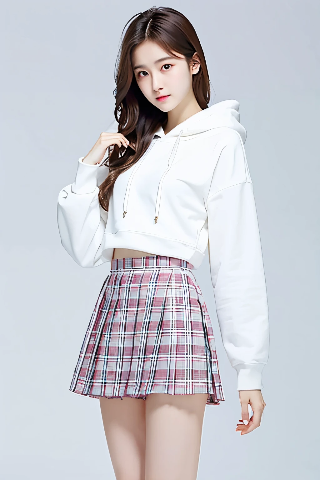 (masterpiece), (best quality), perfect body, perfect face, 1girl, white hoodie, checked skirt, bare legs, stand, posing