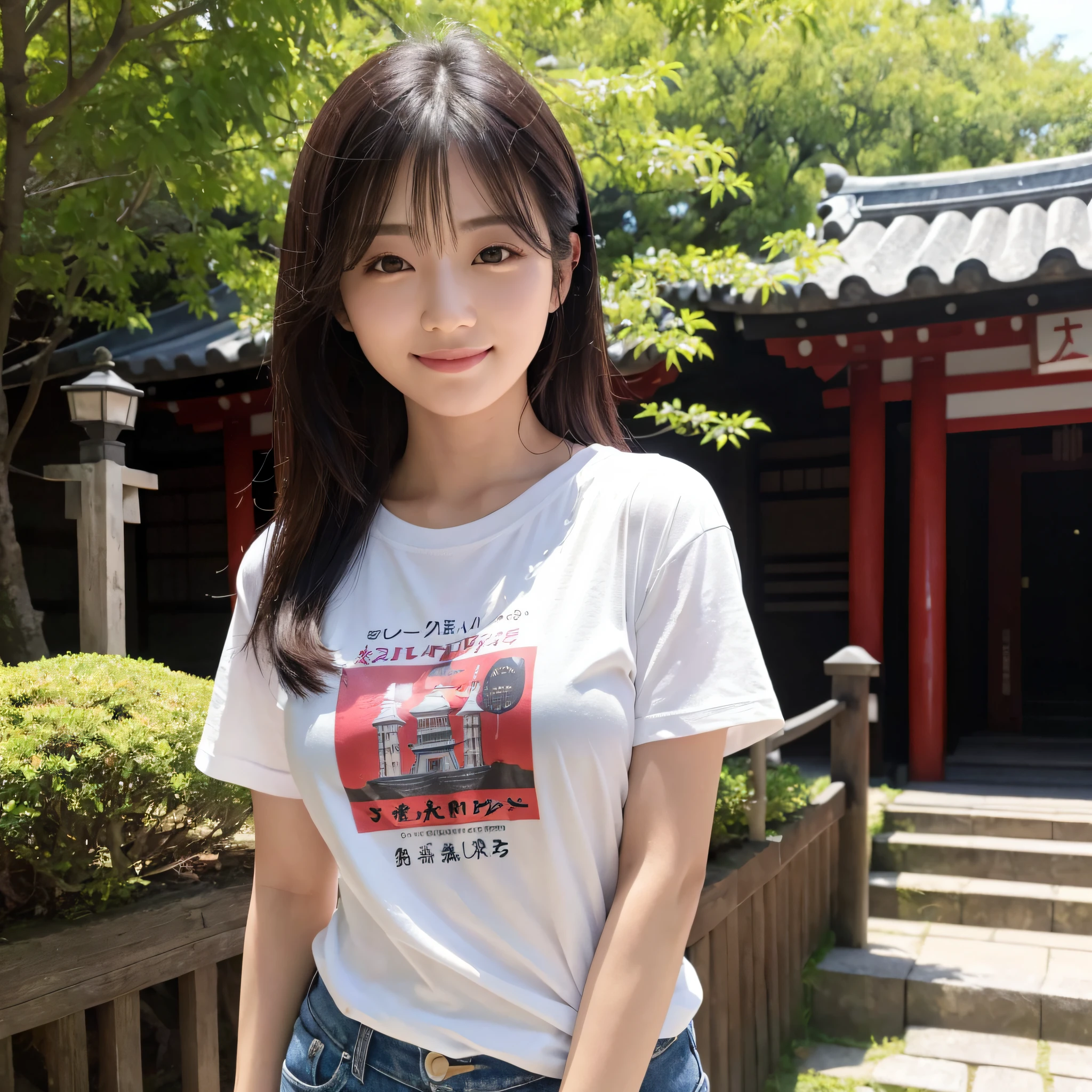 One beauty、((best qualtiy、8k masterpieces:1.3))、foco nítido:1.2、(ultra beautiful faces:1.0)、(shinny skin:1.0)、photos realistic、A dark-haired、Video Lighting、High-definition eyes and face、Video Lighting、Japanese actressl、from the front side、medium breasts、Smile、Slender Abs Beauty、Whole body、Kanji for Japan「tenderness」Wearing a T-shirt、At the shrine