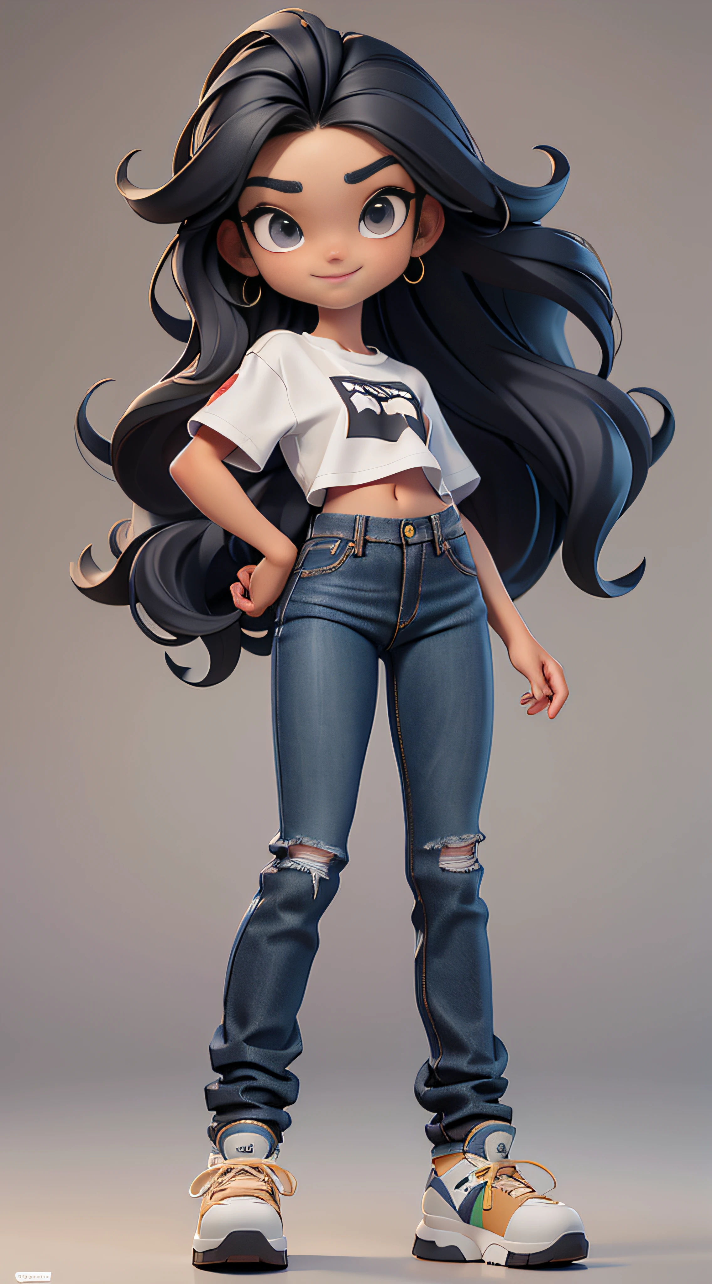 masterpiece, best quality, detailed face, detailed eyes, sharp focus, 3d render. full body, a chibi cute girl, little smile, ((tan skin tone)), fine hair, middle-part black hair, long hair, straight flow down hair, tomboy, slim body shape, black outfit, black crop top, short sleeved shirt, (((wide-bottom jean))), oversized sneakers, energic pose, (Face focus:1.3).