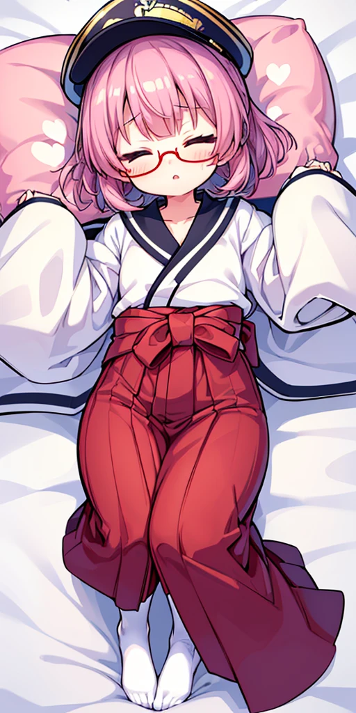 (((Hugging pillow cover illustration)))、(((full body seen)))、(((short dark hair))), (((Woman with flat chest))、(look over your head)、((Close both eyes and put on dark glasses))、Rough breath、high body temperature、Drool drips from the sloppily opened mouth、Expression tinged with pleasure、(she was lying on her back on a white blanket)、 (white kimono style sailor suit)、(white sailor style kimono)、(wear a marine cap)、White cap、(Wearing Hakama)、(Sleep with your legs closed and stretched out)、Sleep with your legs stretched、A heart mark appears on the face、 A pink heart tattoo shines on the lower abdomen、(raises both her hands above her head)、Raise and cross your arms、arms bound、Straighten your back、View from directly above、You can see the entire futon、Lie down on your back in the middle of a vast white futon、Stretch both legs、White tights cover the lower body