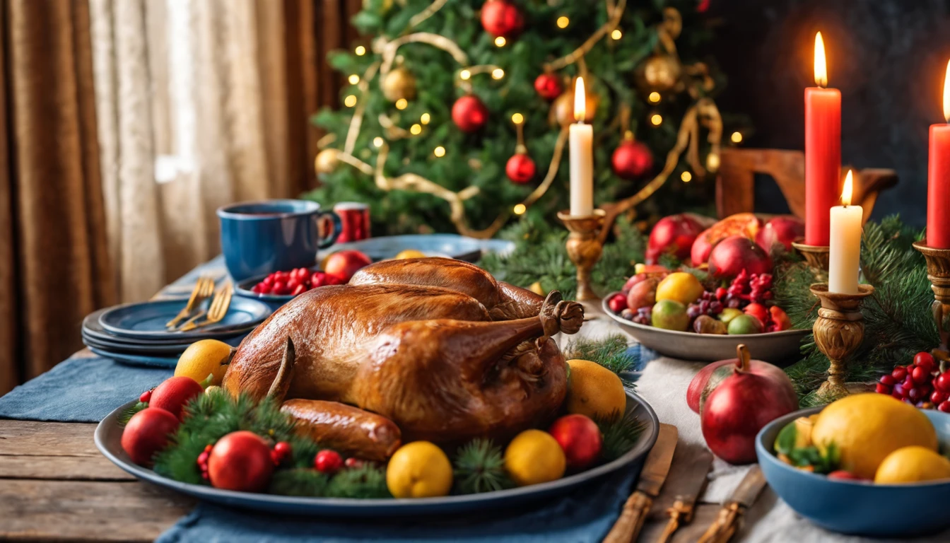 Breathtaking cinematic photo of a real Hyperrealistic christmas still life, ((close-up photo)),  on an antique wooden table covered with Christmas tablecloth, Christmas feast, with roasts, fruit platters, salads,mistletoe and pine branches decorated with golden christmas tree decorations, red colored candles in golden candlesticks, candle lights, in the background multicolor led lights (red, blue, green, yellow), extremely high-resolution details, photorealism, realistic lifelike textures, masterpiece, best quality, sharp focus, photorealism, photorealistic, 8k, volumetric light, (intricate details),  hdr, high detailed, high quality, soft cinematic light, dramatic atmosphere, atmospheric perspective, ultra realistic, neutral colors, cinematic lighting, wide angle, film grain, dslr, raw photo, photo,