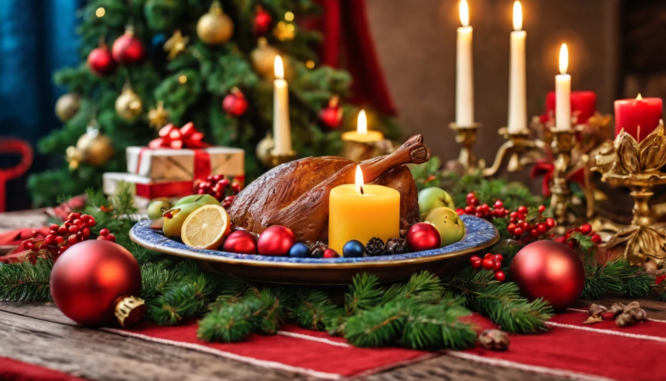 Breathtaking cinematic photo of a real Hyperrealistic christmas still life, ((close-up photo)),  on an antique wooden table covered with Christmas tablecloth, Christmas feast, with roasts, fruit platters, salads,mistletoe and pine branches decorated with golden christmas tree decorations, red colored candles in golden candlesticks, candle lights, in the background multicolor led lights (red, blue, green, yellow), extremely high-resolution details, photorealism, realistic lifelike textures, masterpiece, best quality, sharp focus, photorealism, photorealistic, 8k, volumetric light, (intricate details),  hdr, high detailed, high quality, soft cinematic light, dramatic atmosphere, atmospheric perspective, ultra realistic, neutral colors, cinematic lighting, wide angle, film grain, dslr, raw photo, photo,