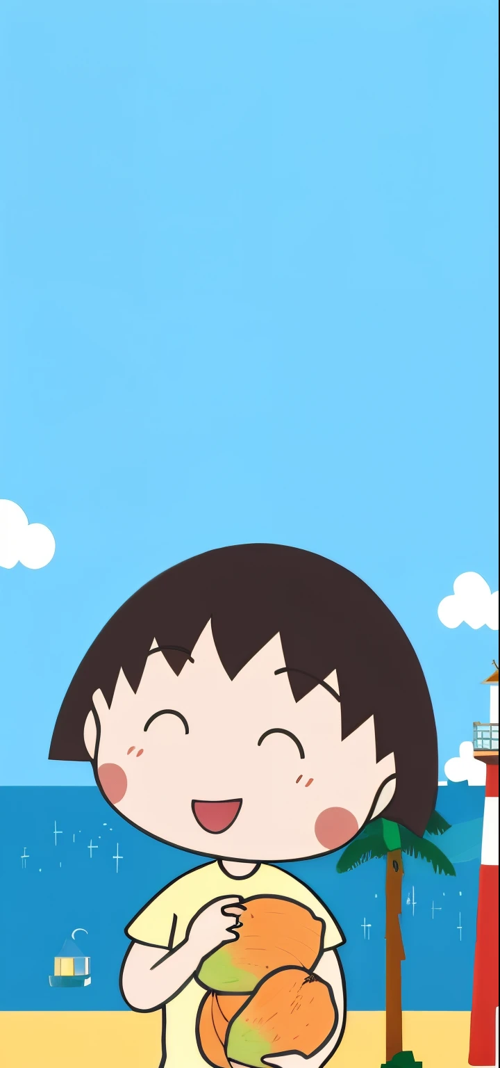 Girl holding mango on the beach，In the background is a lighthouse, Inspired by Yoshitomo Nara, adolable, daily, Anime visuals of a cute girl, japanese animation style, cute anime face, 奈良美智, author：奈良美智, Cute characters, Vector style, round cheeks，Cherry balls，