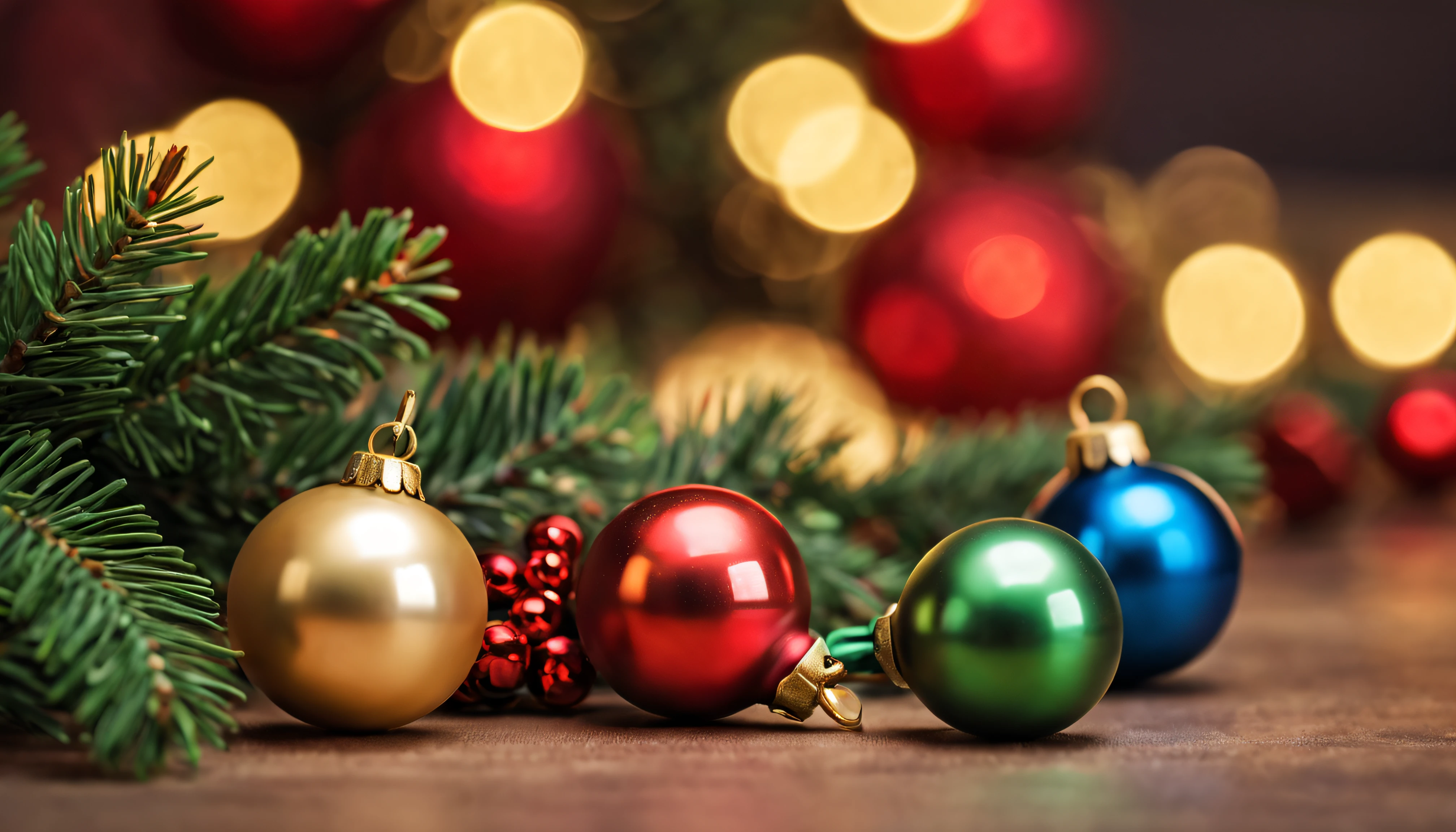 Breathtaking cinematic photo of a real Hyperrealistic christmas still life, ((close-up photo)), small Christmas bells decorated with ((((mistletoe))) and pine with golden Christmas tree balls, in the background multicolored led lights in (red, blue, green, yellow)colors, bokeh, soft blur, extremely high-resolution details, photorealism, realistic lifelike textures, masterpiece, best quality, sharp focus, photorealism, photorealistic, 8k, volumetric light, (intricate details),  hdr, high detailed, high quality, soft cinematic light, dramatic atmosphere, atmospheric perspective, ultra realistic, neutral colors, cinematic lighting, wide angle, film grain, dslr, raw photo,