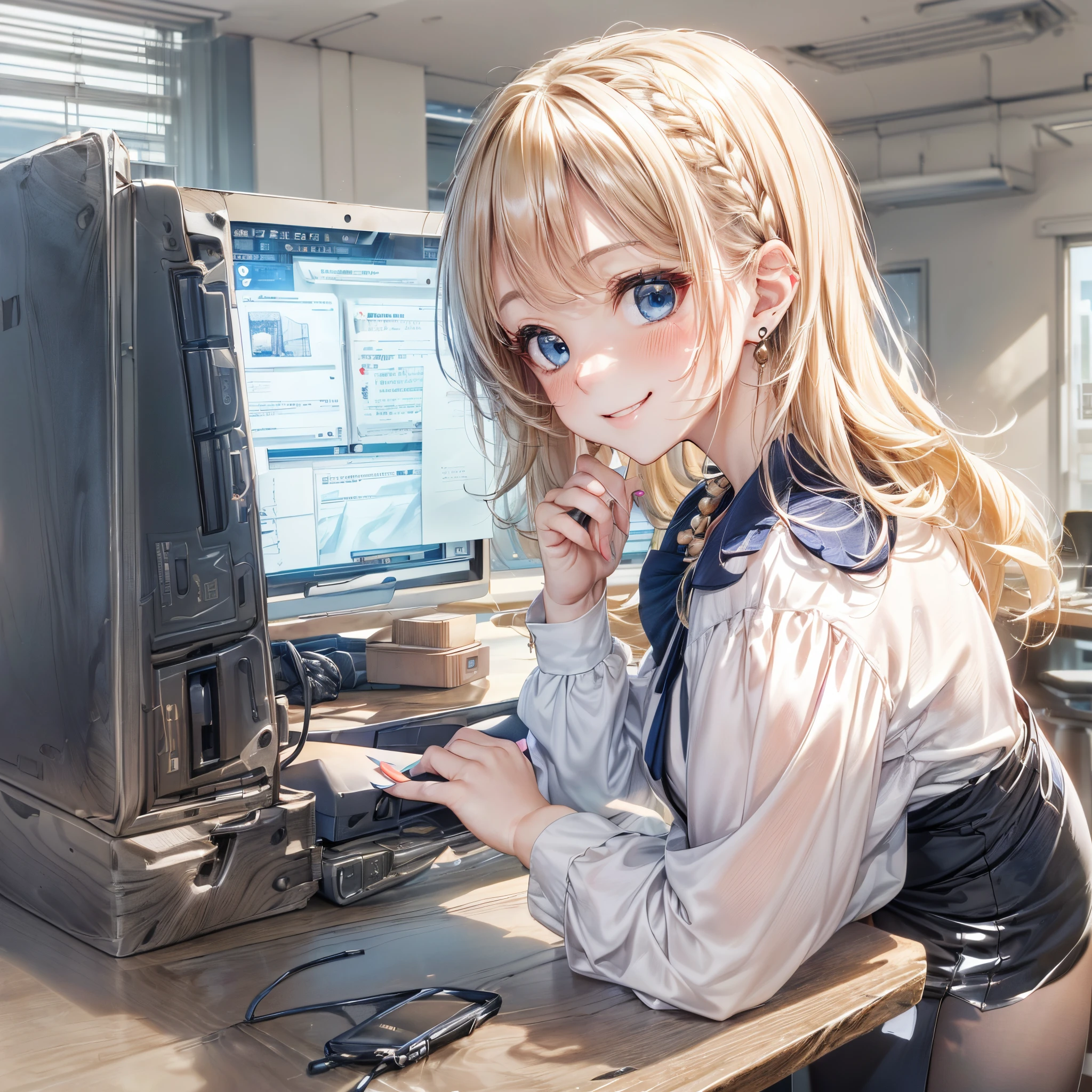 Melody Mark,absurderes, ultra-detailliert,bright colour,(独奏),(From Side:1.4),(Looking at Viewer:1.4),Officelady,(Officelady, Navy blue shirt, Navy blue pencil skirt, Black tights, high-heels:1.5),Working on a computer,(short twin-tailed blonde hair:1.2),(Hair parted in the middle:1.2),Shiny hair,(Delicate beautiful face, red blush、(Deep Blue Eyes:1.2), White skin, hair clips, earrings, a necklace,(A wistful smile:1.3),Company Desk、personal computers、Company Office、window