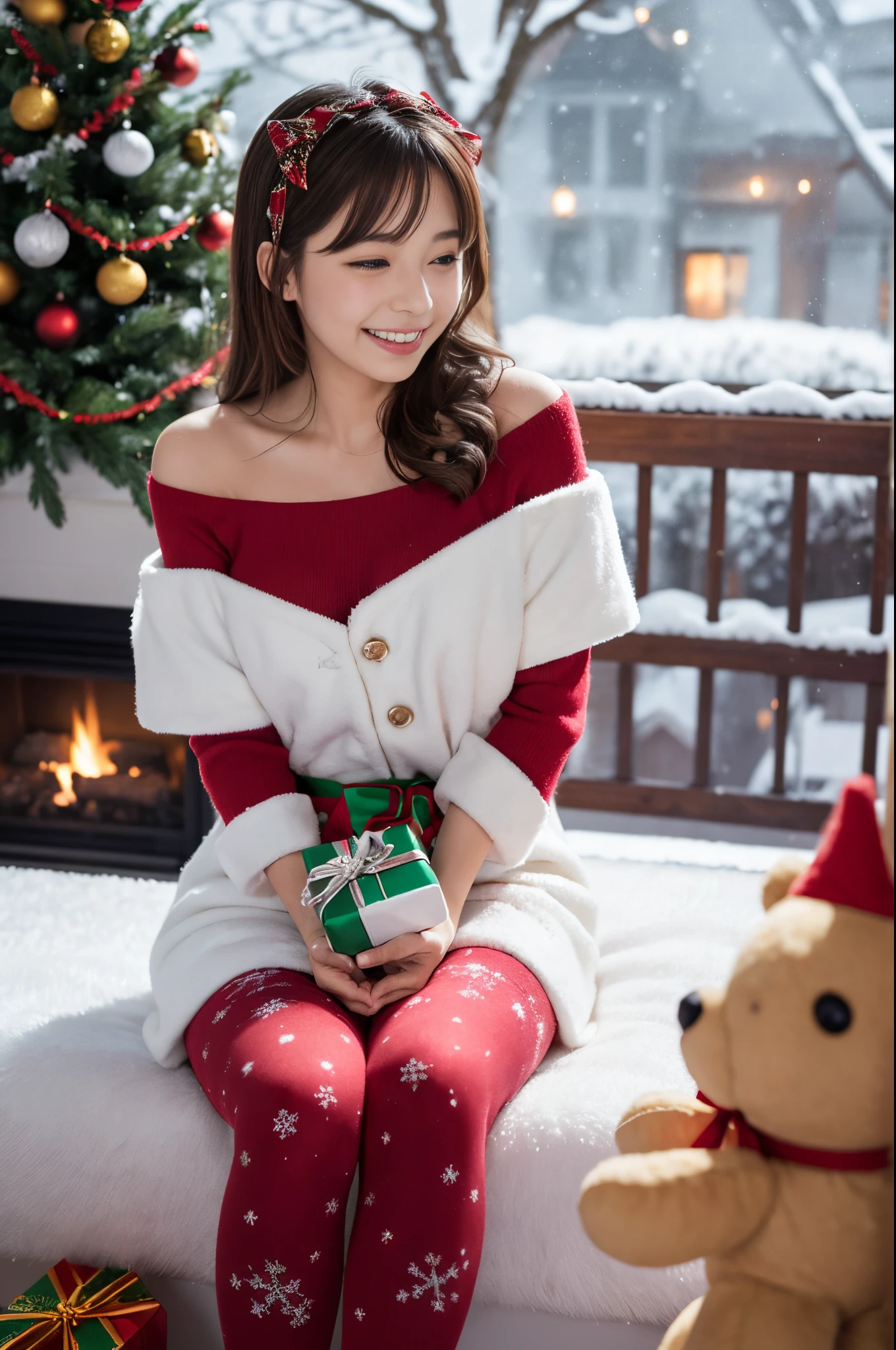 a beatufiul japanese woman dressed in holiday clothes drinking egg nog and sitting by a christmas tree
