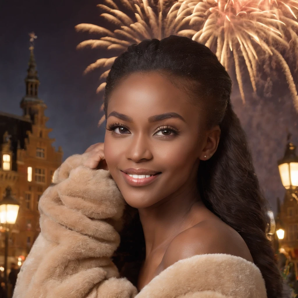((Dark African skin, Very deep ebony skin)), ((Its beauty  undeniable)), ((Excited cute face)), ((Hyper detailed perfect eyes,)), ((pose mignonne)), ((Langue sortie)), ((Seductive )), sexy, ((beige warm winterjacket)), ((Afro ponytail with long African curly hair,)), (( peau)), ((debout, vue de face)), ((toucher ses propres jambes dans une pose sexy)), ((The Hague, binnenhof, fireworks, New Years Eve, Ville publique, friends in the background, champagne)), Sharp Focus CGI, photoreallistic, High detail, Realstic, Masterpiece, absurdes, Best quality, Hdr, High quality, high-definition, Extremely detailed, 8k wallpaper, Intricate details, 8K UHD, Full-HD, (photo realist:1.2), contraste, intense illumination, lighting cinematic, natural lighting, veilleuse, Nuit, Illumination globale, new years eve, Laughing out loud, a la piscine African women、Female sexy、fireworks, people, holding champagne, the hague