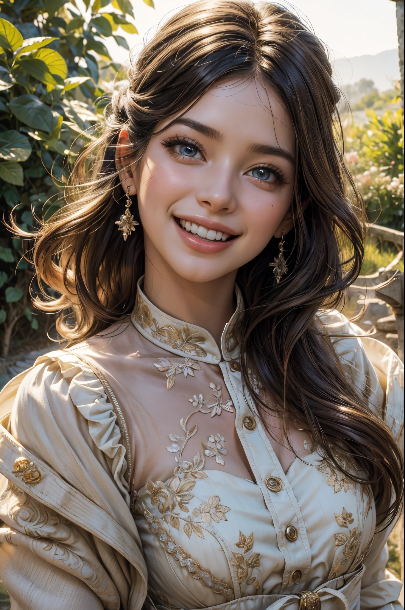 (best quality,highres:1.2),ultra-detailed,(realistic:1.37),portrait,beautiful detailed eyes,beautiful detailed lips,extremely detailed eyes and face,long eyelashes,1girl,laughing,pointing fingers,full body,joyful expression,lovely smile,flowing hair,giggling,playful pose,vibrant colors,soft lighting,creative background,dreamy atmosphere,delicate brush strokes,lively and expressive,whimsical elements,floral patterns,interested audience,enthusiastic response,captivating moment,artistic composition,authentic emotions,sense of happiness,surrounded by nature,blissful energy