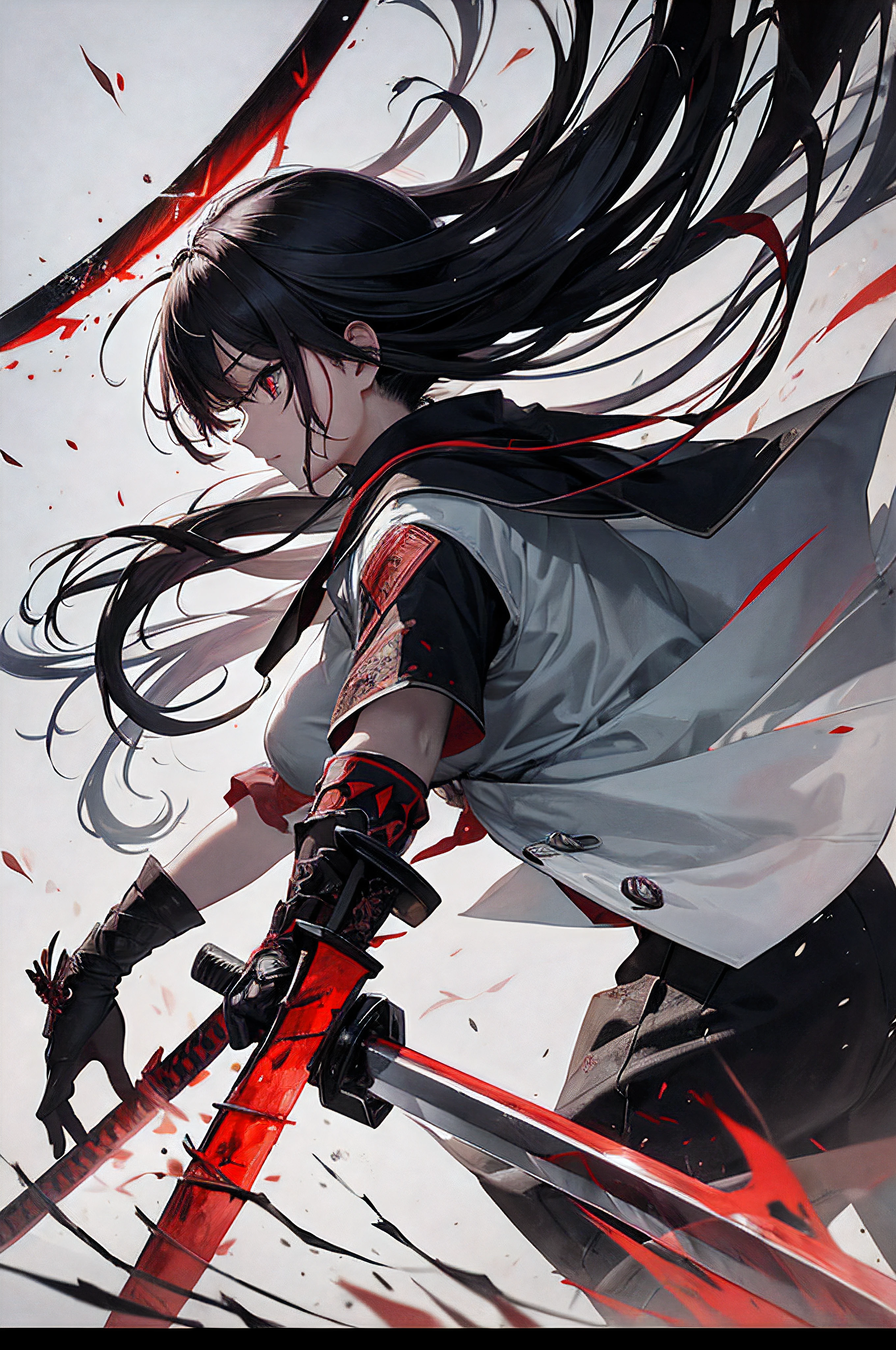 a close up of a knife with blood on it and a tree, (JUST THE SORD) concept art inspired by Kanō Hōgai, pixiv, sōsaku hanga, beautiful sword, samurai vinyl wrap, samurai, sword design, katana, mobile wallpaper, NO GIRL , japanese art style, black and red fantasy sword, traditional japanese concept art, chainsaw sword katana