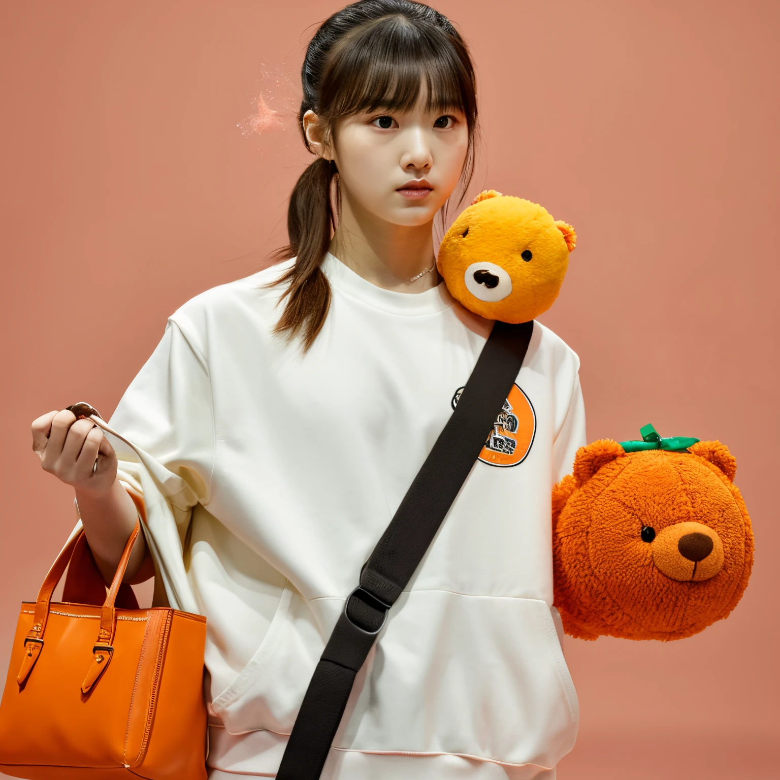 There's a tangerine on my head、A stuffed brown bear holding a bag that looks like badminton.