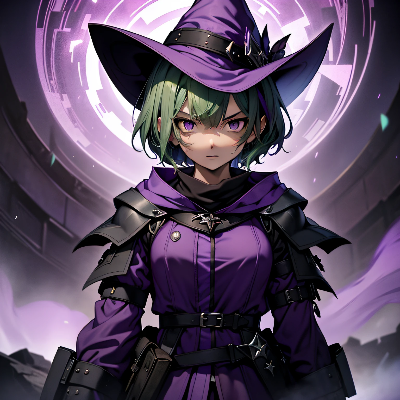 top-quality、extremely delicate and beautiful、(A teenage girl)、Purple Eye、Green hair、short-haired、(purple witch hat)、Purple tie、Soio、shortsleeves、Purple skirt、Tactical Vest,Purple Wizard Robe、Navel、 Standing、Facing the front、Expression of hatred、Dark background、Eye mark only