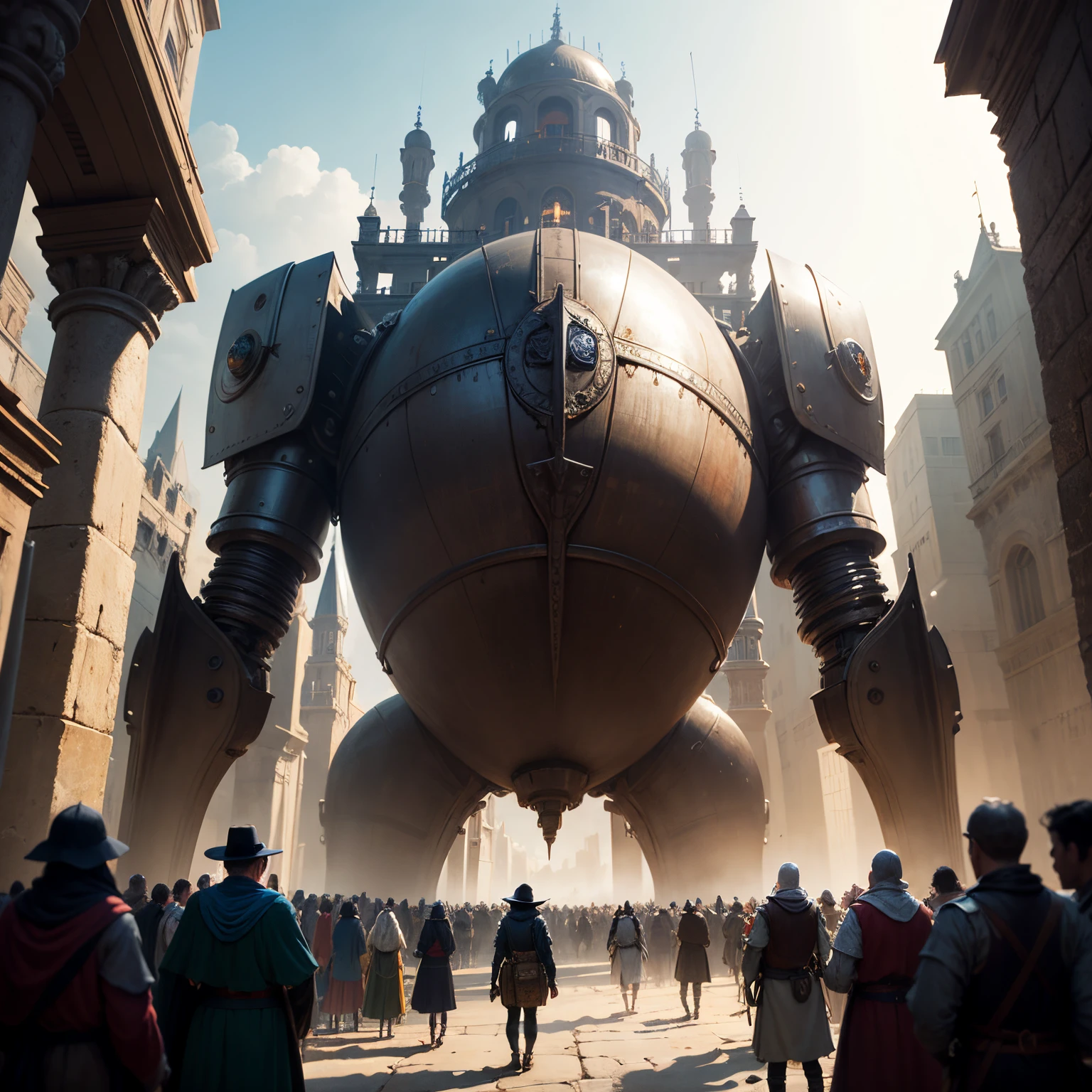 masterpiece, 
best quality, ultra-detailed, photorealistic, 
an extremely delicate and beautiful, 
Medieval fantasy, cinematic scenes, advanced futuristic technology structures, medieval people crowding around,