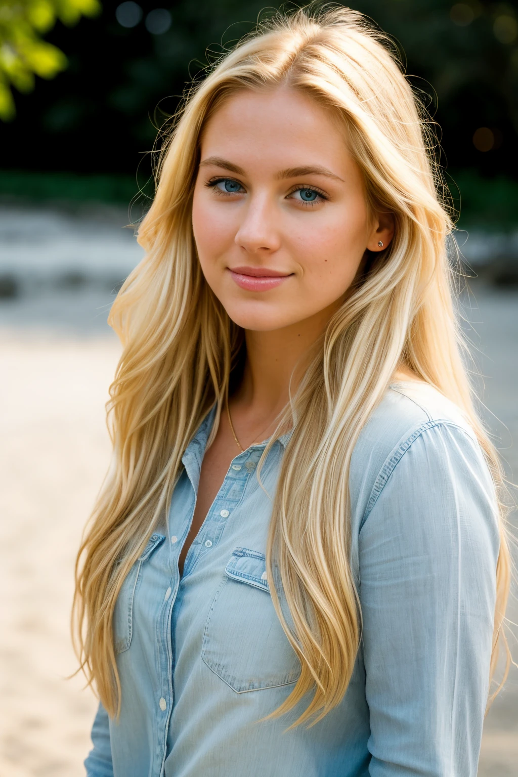 ((best quality)), ((masterpiece)), (detailed), perfect face photorealistic portrait of a 25-year-old American girl with long, flowing blonde hair and striking blue eyes. She should have a natural, approachable expression and be illuminated by soft, golden-hour sunlight. The background should be a scenic outdoor setting, perhaps a sunlit park or beach. Capture this image with a high-resolution photograph using an 85mm lens for a flattering perspective.