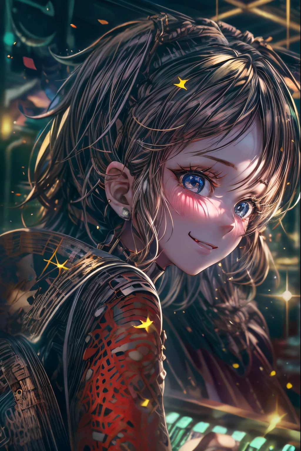 A dark-haired teenage girl sits in front of a glitter computer screen, busts, long eyelashes, light smile, ear blush, fangs, Surrealism, shadows, Medieval style, Atmospheric perspective, Depth of Field, light and shade contrast, 8k, Super Detail, Precision, best Quality, Ultra HD, best Quality, High resolution, delicate skin, warm picture,