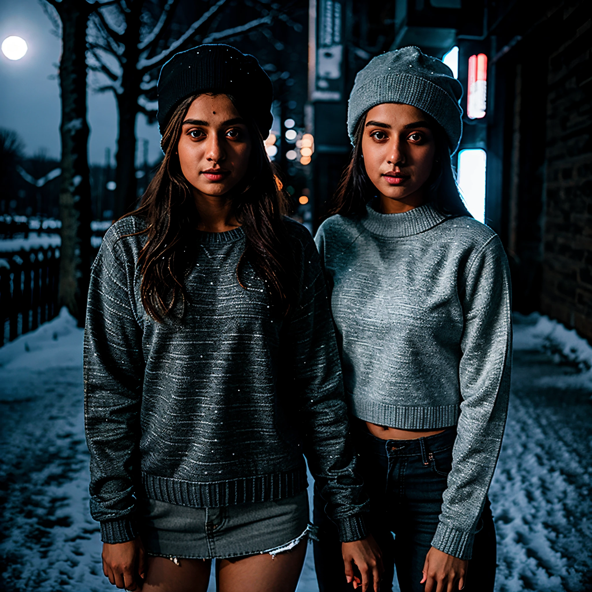 Indian 21year girl slim fit with grey eye waring sweater and cap winter snow fall seen moonlight neon lighting cafe