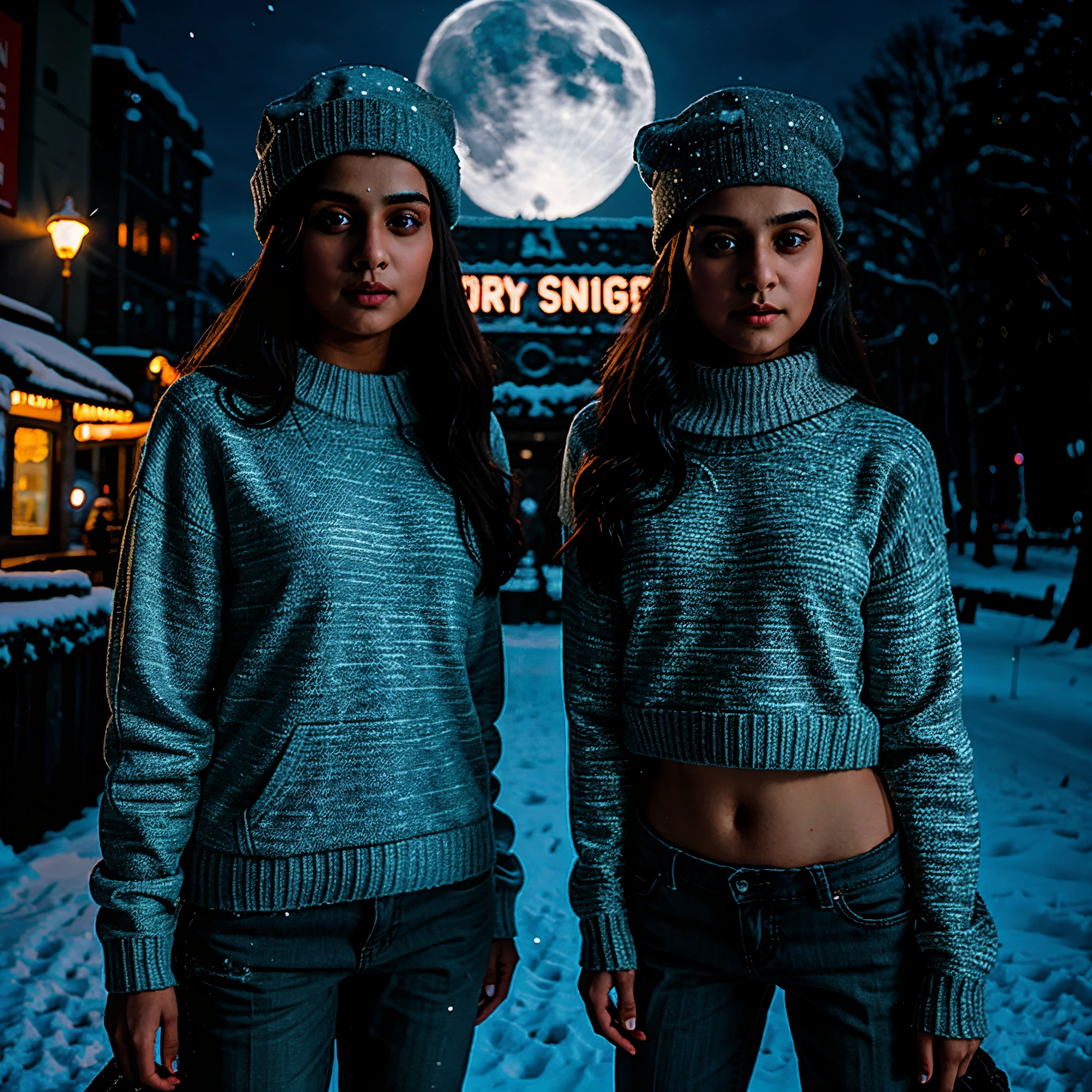 Indian 21year girl slim fit with grey eye  waring sweater and cap winter snow fall seen  moonlight neon lighting cafe