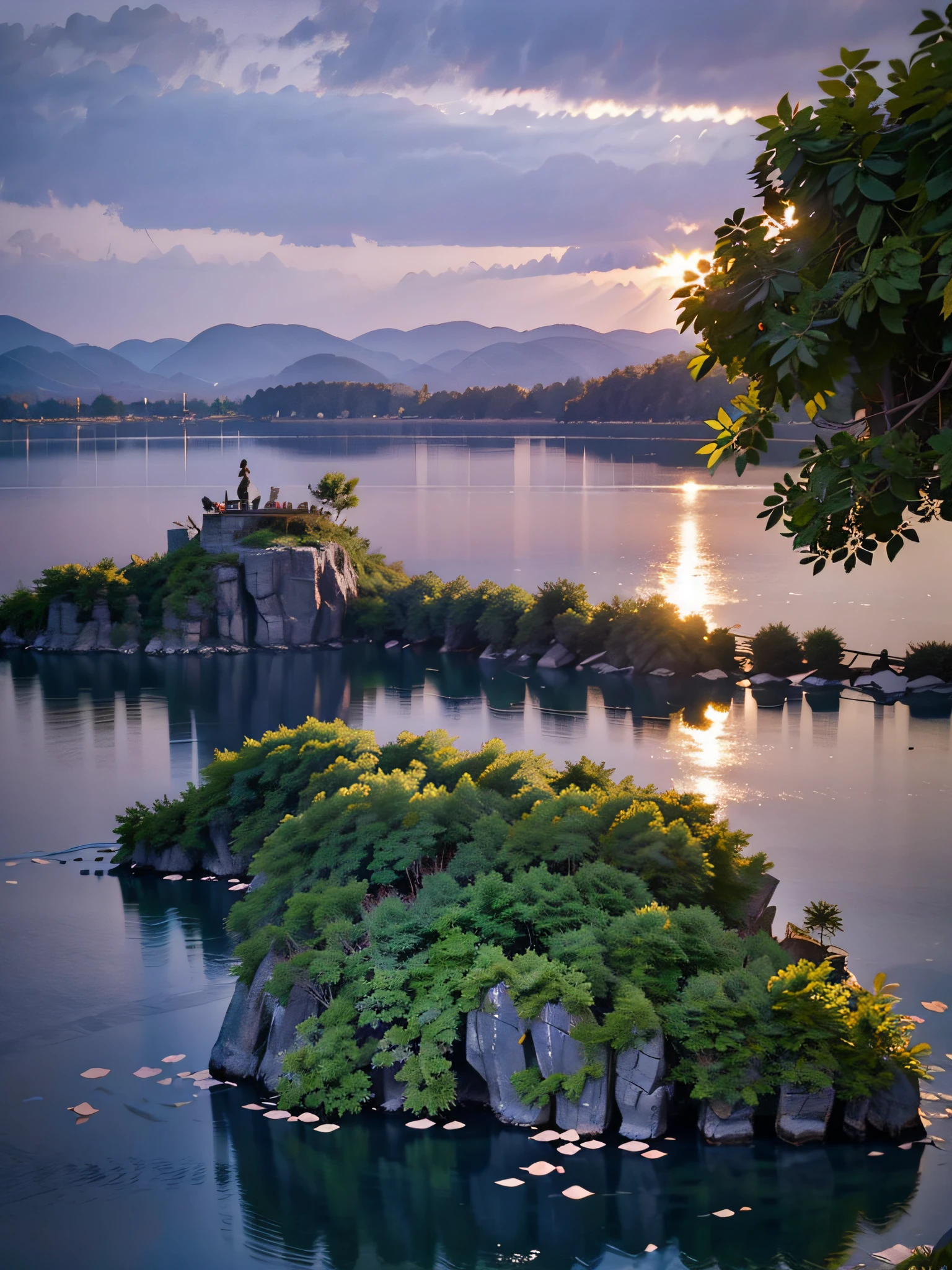 Franco-German landscape in the lake，There are some leaves in the water, Lake in the background, beautiful lake in foreground, Hangzhou, late sunset, Detailed lake in background, Photographed by iphone 1 ro, lake foreground, Shot using iphone 1 ro max, lake in foreground, Shot with Sony alpha 9, Beautiful Late Afternoon, late summer evening