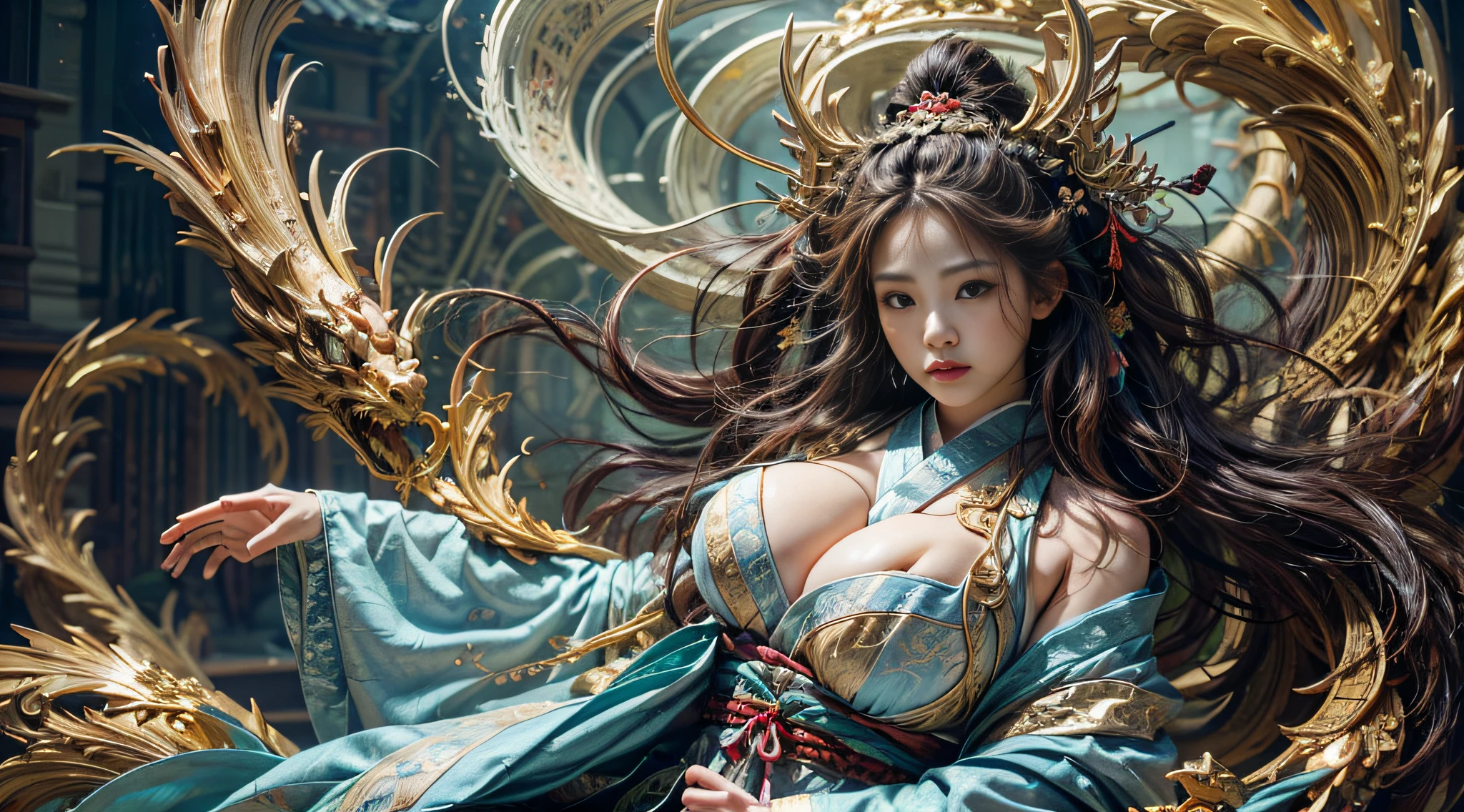 Official Art, Unified 8K Wallpapers, Ultra Detailed, Beautiful and Aesthetic, Masterpiece, Best Quality, (Zentangle, Tangle, Entangle), (fractal art: 1.4), (character center: 1.3), 1girl, black hair, Chinese, off-the-shoulders, short skirt, calf, navel, very detailed, dynamic angle, cowboyshot, (most beautiful form of chaos), ethereal, (bright colors), oc, (half: 1.2), china, (thangka flying sky: 1.5), (ribbon: 1.3), (dream: 1.5), (hanfu: 1.5), Chinese dragon, Chinese phoenix, (smile: 0.5), ( Chinese deities), (gigantic :1.6), gigantic cleavags,
