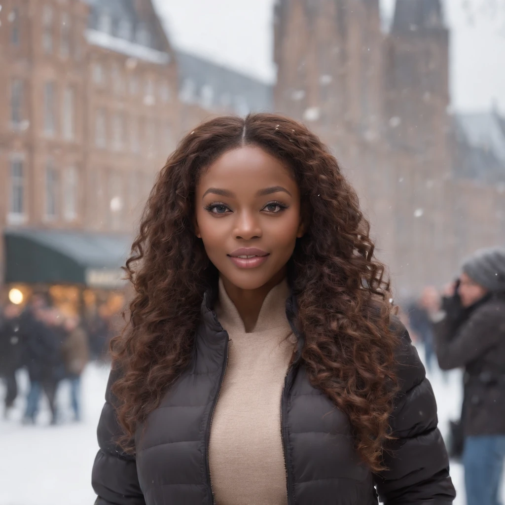 ((Dark African skin, Very deep ebony skin)), ((Its beauty undeniable)), ((Excited cute face)), ((Hyper detailed perfect eyes,)), ((pose mignonne)), ((Langue sortie)), ((Seductive )), sexy, ((beige warm winterjacket, jeans)), ((Afro ponytail with long African curly hair,)), (( peau)), ((debout, vue de face)), ((toucher ses propres jambes dans une pose sexy)), ((The Hague, snow, Ville publique, people in the background, snowflakes)), Sharp Focus CGI, photoreallistic, High detail, Realstic, Masterpiece, absurdes, Best quality, Hdr, High quality, high-definition, Extremely detailed, 8k wallpaper, Intricate details, 8K UHD, Full-HD, (photo realist:1.2), contraste, intense illumination, lighting cinematic, natural lighting, veilleuse, Nuit, Illumination globale, new years eve, Laughing out loud, a la piscine African women、Female sexy、fireworks, people, holding champagne, the hague