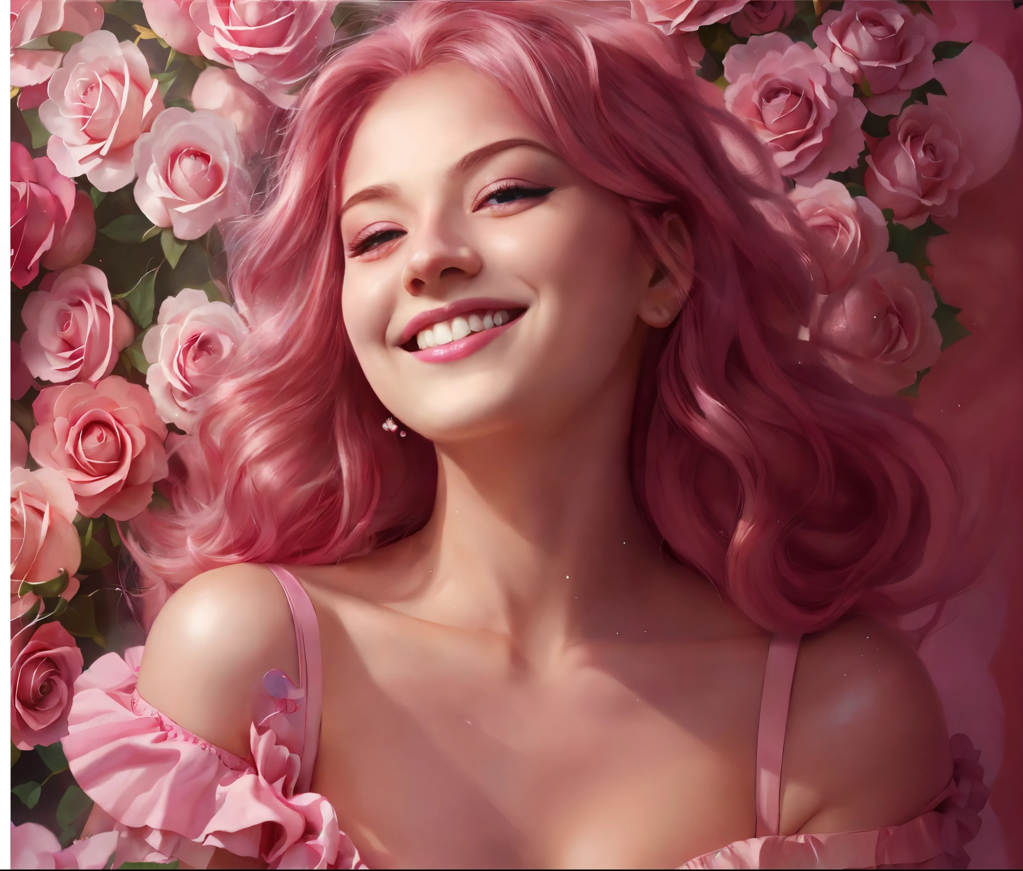 A woman with pink hair and a pink skirt is smiling, gorgeous digital painting, ross tran 8 k, Rose hair, Ross Painting 1. 0, Very detailed ArtGerm, portrait of aljem, Rossdraws digital painting, RossDraw Portrait, deviantart art station cgscosiety, beautiful digital illustration, beautiful digital painting, styleartgerm
