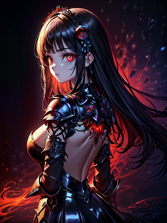 ((​masterpiece、top-quality:1.5、a high chroma:1.5、ultra-detailliert、high-resolution illustrations:1.5、Ultra-high-definition CG、8k size wallpaper、offcial art))、((s fractal art:1.5))、(highly colorful:1.5),(from behind:1.8),(1girl),(Cute little girl s:1.5)(Shining red eyes:1.5),(Beautiful face:1.5,Beautiful eyes:1.5)、(close to viewer:1.5),
(clear face:1.3)、(sexy body),((Detailed dark fantasy armor dress:1.5)),((intricate detailes,detailed dress)), (Beautiful dress in every detail),(large breasts:1.5),(Shining red eyes:1.2),(upper body:1.8)、(metal shine:1.5),Dark Fantasy,云、colourfull
