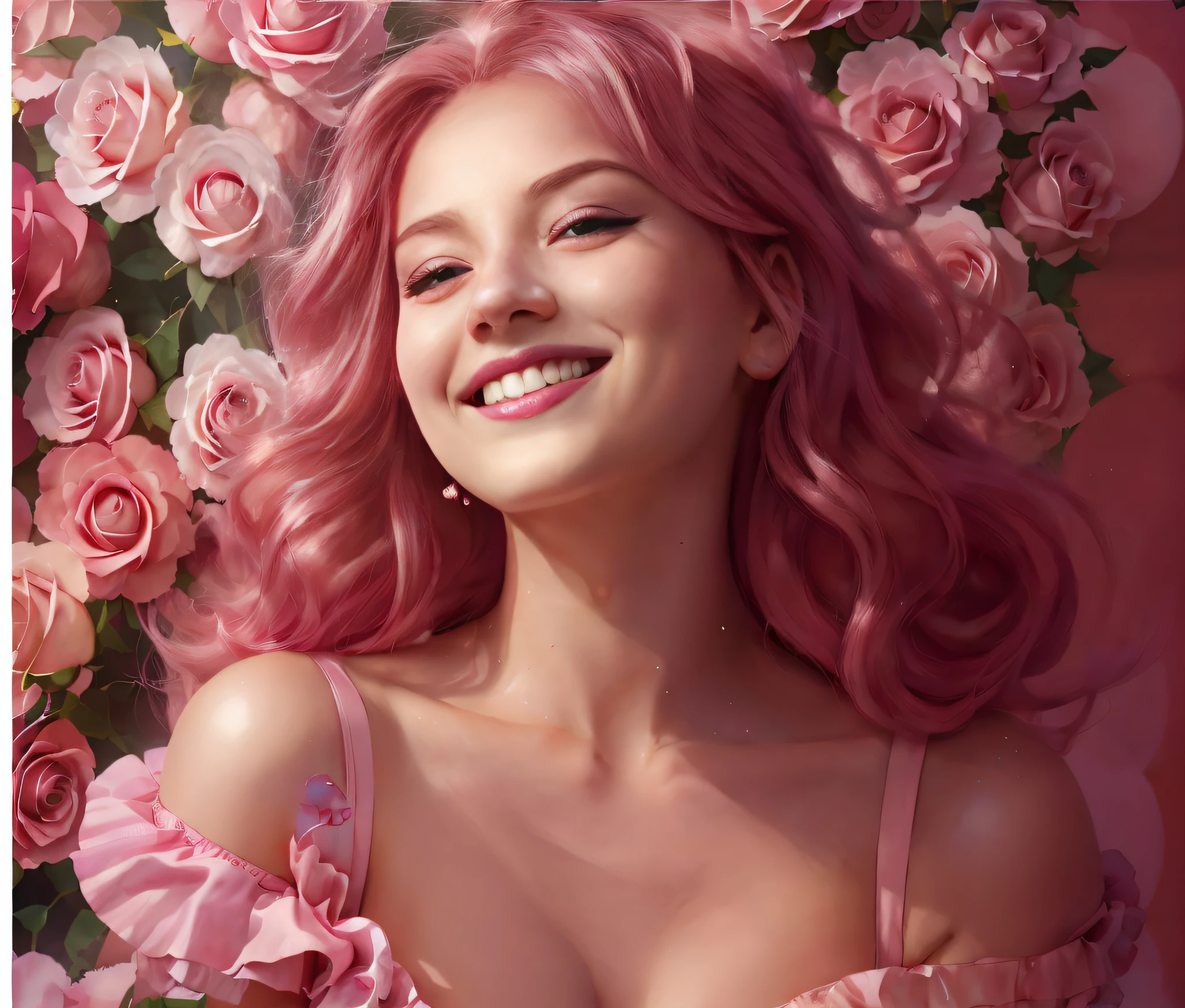 A woman with pink hair and a pink skirt is smiling, gorgeous digital painting, ross tran 8 k, Rose hair, Ross Painting 1. 0, Very detailed ArtGerm, portrait of artem, Rossdraws digital painting, RossDraw Portrait, deviantart art station cgscosiety, beautiful digital illustration, beautiful digital painting, style artgerm