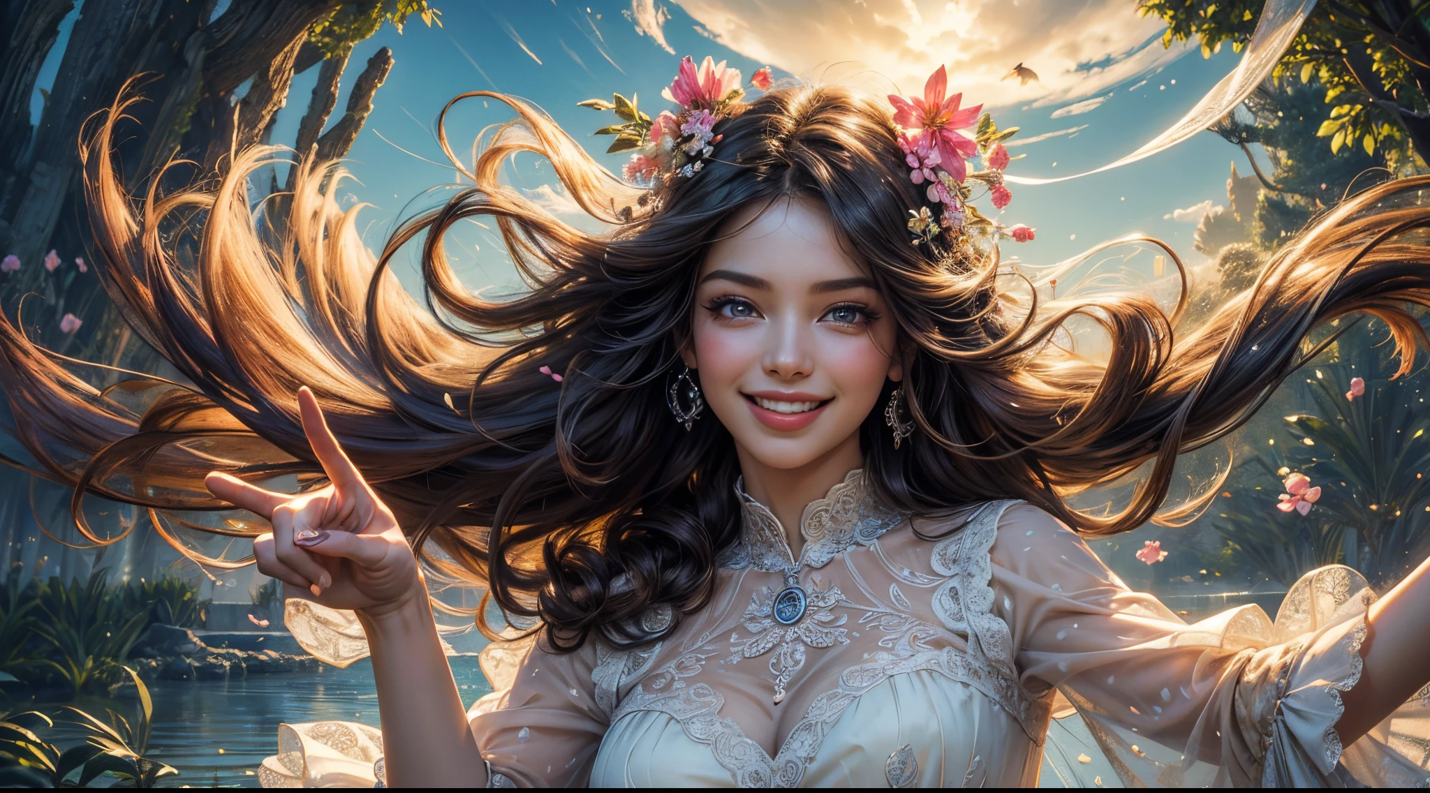 (best quality,highres:1.2),ultra-detailed,(realistic:1.37),portrait,beautiful detailed eyes,beautiful detailed lips,extremely detailed eyes and face,long eyelashes,1girl,laughing,pointing fingers,full body,joyful expression,lovely smile,flowing hair,giggling,playful pose,vibrant colors,soft lighting,creative background,dreamy atmosphere,delicate brush strokes,lively and expressive,whimsical elements,floral patterns,interested audience,enthusiastic response,captivating moment,artistic composition,authentic emotions,sense of happiness,surrounded by nature,blissful energy