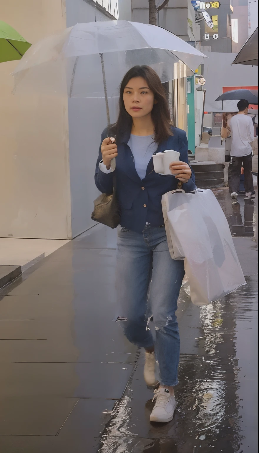 There is a woman walking on the street holding an umbrella, Clear photos