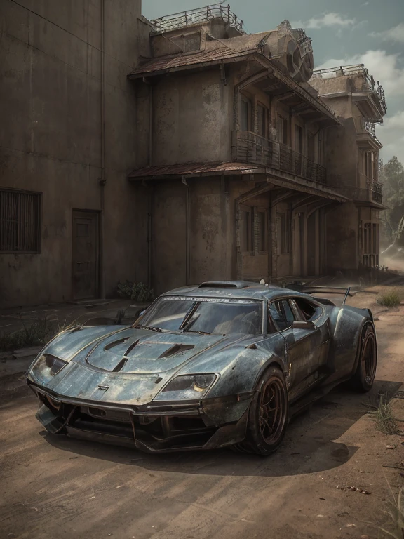 ((masterpiece、top-quality、realisitic、ultra-detailliert、hight resolution、Photorealsitic、foco nítido、photographrealistic、Raw photography、lighting like a movie))、High brightness、Noon Wildernesuturistic Cyberpunk Hot Rod))、High vehicle height、(With glowing tires)、Red rust color、3/4Front view