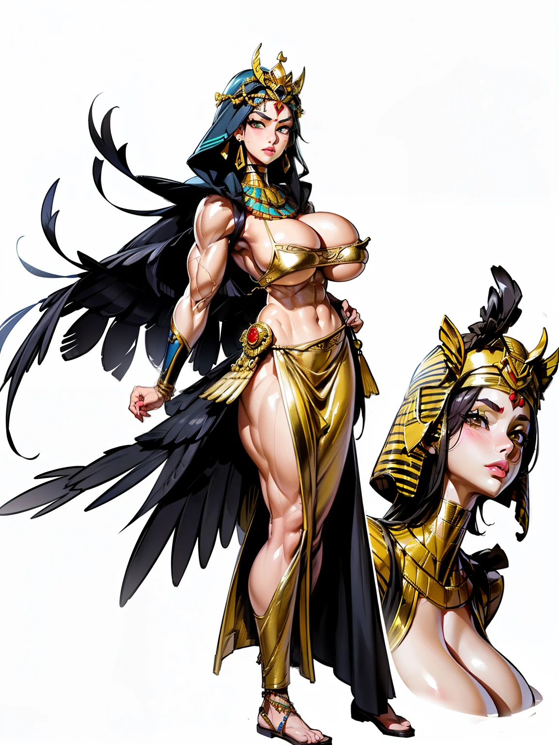 ((side profile)), ((full body view:1.4)), ((masterpiece)),(((best quality))), ((egyptian empress, mature face)), ((middle eastern eyes:1.4)), ((Vulture crown:1.4)), (((black hair)), defined cheekbones, high cheekbones, illustration, ((muscular:1.3)), ((gold:1.4)), sexy bimbo, (gigantic breasts:1.7) ((long Egyptian headpiece)), black hair, ((detailed face:1.4)) beautiful woman, (egyptian:1.4), ((skindentation)), scribbles and marks,(puffy lips:1.4) , (temple: 1.5), rough sketches, pose, 8k,16k, ( background, white background: 1.3), ((ancient aesthetic))