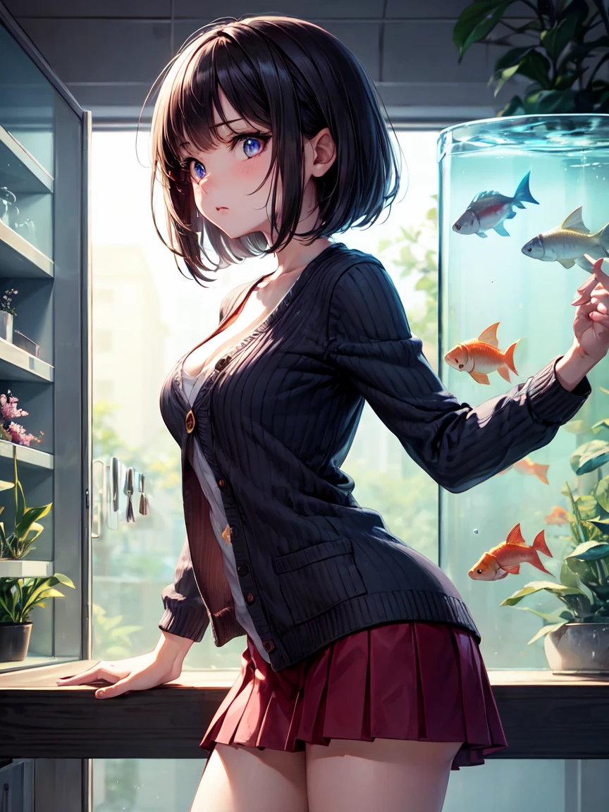 masterpiece, best quality, ultra detailed, high Resolution, detailed illustration, cel anime, (sfw), 1girl, (li), cute face, detailed face, magenta eyes, cute eyes, sparkling eyes, big eyes, medium breasts, perky breasts, pointy breasts, medium hips, glamorous body, Surprised, BREAK, long bob cut, (blonde hair:0.7), messy hair, detailed hair, BREAK, wearing Cardigan, Ribbed knit sweater, long skirt, tiny ribbon, bag, casual style, date, aquarium, standing, looking fish in tank, fish, from side, real world, natural lights, perfect lighting,