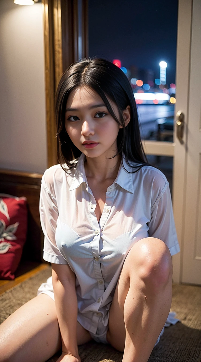 (8K、Raw-Photo、Top Quality、masterpiece:1.2)、(realisitic、Photorealcitic:1.37)、1 rapariga、Japanese people、25 Years Old、femele、deep night、Room、Night view from the window、profesional lighting、(full bodyesbian)、PerfectBody、Dark-brown hair、Detailed face、Detailed lips、DetailEyeore Skin、Double eyelidd、(tits huge:1.5)、(Nipple protrusion)、pubic-hair、((see-through shirt、A shirt with the buttons completely unbuttoned、Shirts with open fronts))、(clothes see-through)、Sense of transparency、((No bra))、(Small panties with white lace)、(Carmel Two)、(Wet body)、shinny skin、(half-sitting)、((Bend your knees and spread your legs wide apart))、sexy facial expression、Make eye contact with the cameraNSFW (New South Wales , 8yk、Raw foto、(Masuter Piece)、(Top Quality)、goodbye forever please、(A girl with)、(realisitic、Photorealcitic:1.2), upper half body、.......................................towards 、charm、20yo、Middlebrest、I felt relieved.............、sorrow、flying in sky