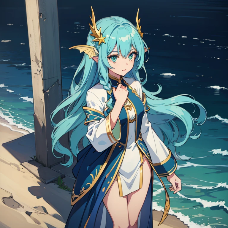 ( detailed face) mermaid Single female with legs. Fish fin ears ( Dark blue ) wavy hair( braided ). Standing up (facing forward).  Green eyes. White and gold clothes. Shell hair ornaments