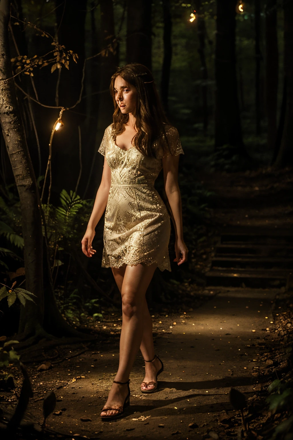 a woman walks in a short lace dress with brown hair shod in sandals at night in a magical forest, illuminated by many fireflies and glowing mushrooms
